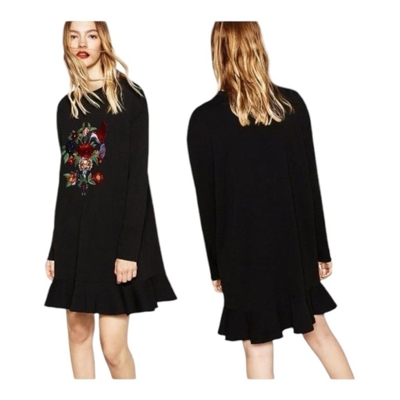 NWT! ZARA Floral Embroidered Hummingbird Ruffle Hem Long Sleeve Dress. Size S - Picture 12 of 12